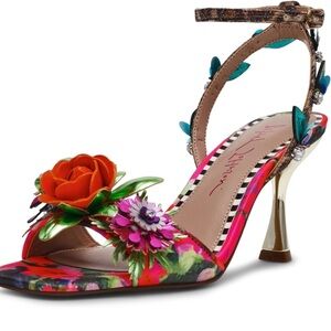 Betsey Johnson Multicolor Floral Satin Heel Sandal — Orange & Pink Accents